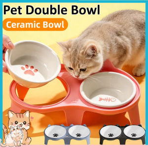 Ceramic Cat Double Bowl Neck Protection High Foot Slant Mouth Cat Food Bowl Drinking Bowl Pet Bowl