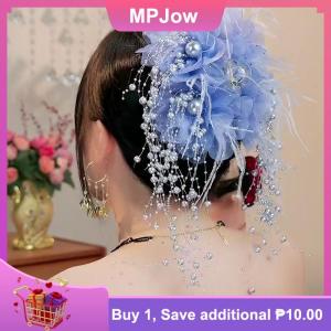 【MPJow】 Women Luxury Mesh Flower s Tassels Hair Clips Female Fluffy Shark Hair Claws Hair Accessories Headdress