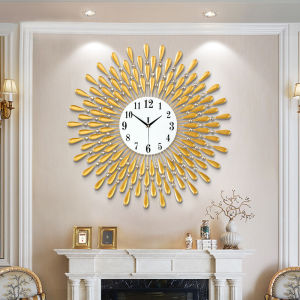 【❤Quick delivery+COD❤ high quality】15 inch 3D Large Wall Clock Shiny Rhinestone Sun Style Modern Living Room Decor(Gold Black]