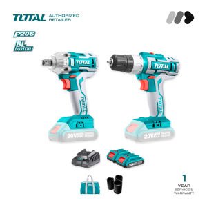 TOTAL Cordless Combo Kit 20V incl. Brushless Impact Wrench & Drill 2x Battery 1x Charger 1x Canvas Bag - TCKLI2007