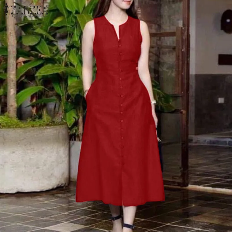 ZANZEA Women's Vintage Sleeveless V-Neck Plain Midi Dresses Casual