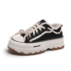 COD厚底女式帆布鞋2024秋季新款韩版学生小白鞋圆头流苏增高休闲鞋子Model baru dengan penghantaran bebas