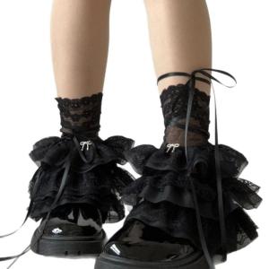 Womens Summer Mesh Leg Sleeves Ruffle Lace Leg Warmers Flared Boot Cuffs Harajuk Leg Socks Sweet Over the Calf Socks