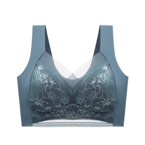 Plus Size Lace Bra Seamless Wireless Push Up Full Coverage Vest Style Ice Silk Bralette Side Smoothing Back Lift Anti-Sagging Breathable Lingerie for Big Bust