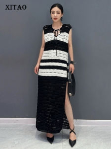 XITAO Knitting Side Split Bandage Pullover Dress Contrast Color Hollow Out Ankle-length Temperament 2024 Summer ZY8844