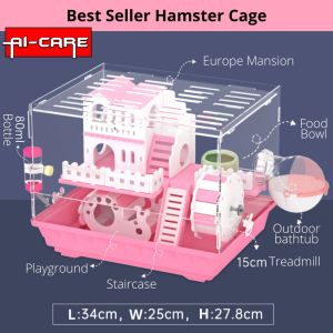 (READY STOCK) Transparent Premium Hamster Cage Habitats Acrylic with accessories toys modern luxury design bedroom bathroom treadmill runway running wheel hamster and small pet DIY cage with removable parts