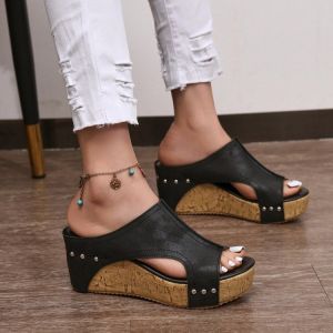 [Free Shipping] In-Stock Fashionable Wedge Heel Fish-Mouth Sandals For Women New Summer Style With Rivets Platform And Thick Sole High Heels