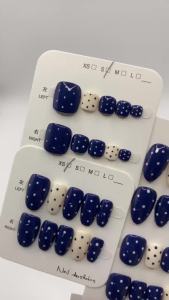 Navy Blue White Polka Dot Press On Nails Short Almond Handmade Fake Nails Glossy Reusable False Nails
