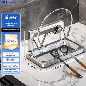 [OKLIFE®]Countertop Kitchen Organizer Stainless Steel Pot Lid Stand Cutting Board Spatula Rest Removable Drain Tray