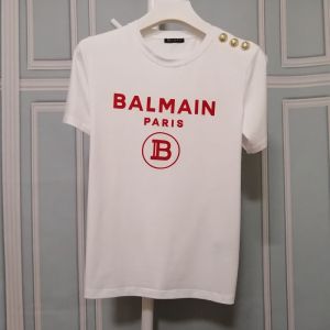 Original BALMAINˉPARIS Summer Fashion Cotton Short-sleeved Custom Red Letter T-shirt Qi Wei Same Style Flocking Letter Tshirt Top