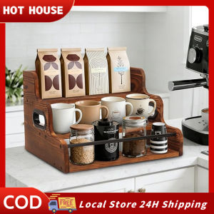 Wooden Coffee Syrup Organizer Rack with Handle Countertop Syrup Bottle Holder Coffee Station Bar Accessory Kitchen Condiment Display Storage Shelf for Home Christmas Coffee Corner Decor