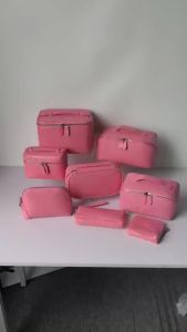 Embossed Croc Finish Leather Makeup Bag Large Space Multi Pocket Hand Carry Organizer For Toiletries Trip Pink Style Variants Embossed Croc Finish Leather Makeup Bag Large Space Multi Pocket Hand Carry Organizer For Toiletries Pink Style Variants
