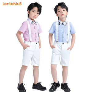 lontakids Boys Short Sleeve Stripe Shirt with Bowtie + Suspender Shorts Or Pants Toddler Kids Wedding Attire Party Dresswear Gentleman Clothes Set For 2-11 Years