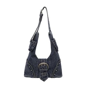 New Womens Y2K Denim Hobo Bag with Large Metal Buckle Studded Washed Jean Shoulder Purse Grunge Style Casual Crossbody Handbag2026