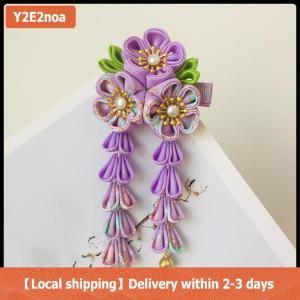 【Local shipping】 Japanese Kimono Fabric Flower Folding Fan Children Hair Accessories Clip Tassel Headwear Headdress Barrette