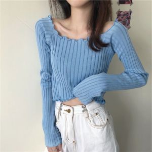Women Knitted Off Shoulder Long Sleeve Crop Top Baju Wanita 女装长袖上衣 Korean Style Fashion Slim Fit Tops Shirt T-007