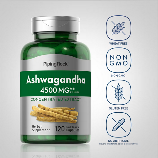 Complément Alimentaire Ashwagandha 4500 Mg De Piping Rock - 120 Gélules, Pour Le Stress Et L'énergie, Neuf Jamais Ouvert