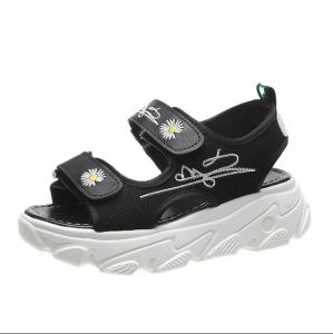 Sandal Sendal Gunung Wanita Cewek Cewe Perempuan Korea Korean Style Remaja Dewasa Kondangan Jalan Jalan Santai Shopping Motif Gambar Sun Flower Bunga Matahari 2 Tali Strap Soll Sol Karet Empuk Tinggi 5cm Hitam Putih Murah Kekinian Terbaru Ringan Anti Slip