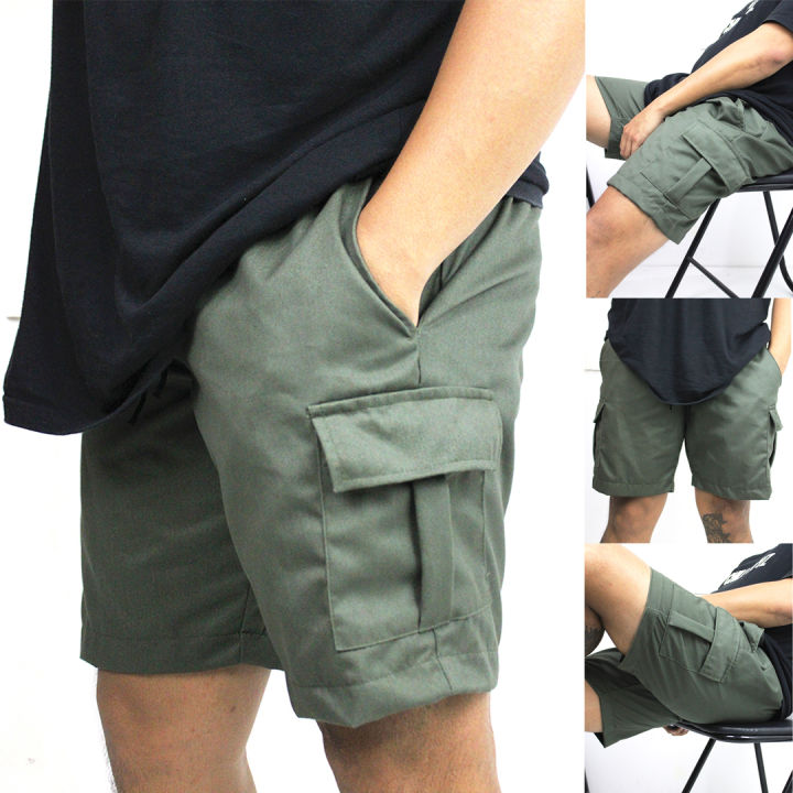 ARMY GREEN Plain Cargo Shorts 4 Pocket Above Knee Unisex Cotton Casual Elasticated Waist 28 36 Men Women Lazada PH