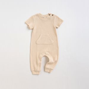 CleverMama Waffle Cotton Short-Sleeves Long Jumpsuit for Babies Boys and GIrls