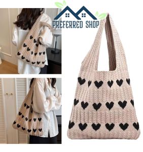PREFERRED SHOP Womens Knit Tote Bag with Heart Pattern - Premium Knit Material Large Capacity Lightweight & DurableSuitable for Work School Shopping Travel Gift Idea.