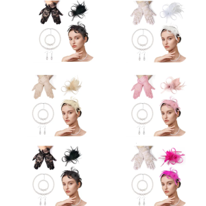 Phong cách Găng tay ren Vòng tay bông tai vòng cổ và fascinator thiết lập với các chi tiết lông cho đám cưới và sự kiện theo chủ đề