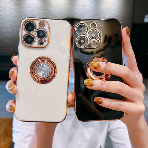 CSCR Luxury Gold Plating Metal Ring Holder Phone Case for iPhone 11 12 13 14 15 Pro Max 12 Mini X XS Max XR 7 8 Plus Cases Silicone Stand Shockproof Back Cover