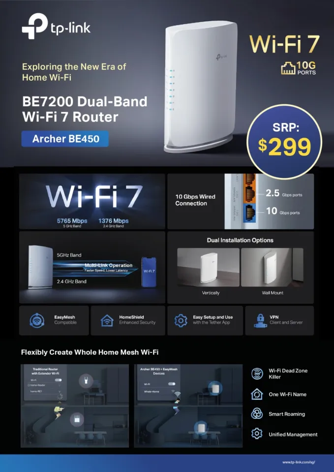 TP-Link Archer BE450 BE7200 10Gbps Dual-Band Wi-Fi 7 Router