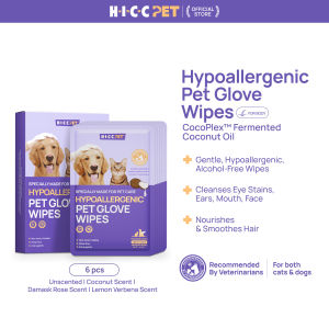 HICC PET Hypoallergenic Pet Glove Wipes Cleaning Deodorizing Bathing Wipes for Cat&Dog Grooming 6pcs Coconut