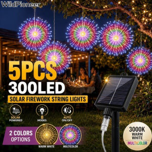 WildPioneer 5Pcs Solar Firework String Lights 300 LED 8 Modes Auto On Off Hanging Copper Wire Outdoor Garden