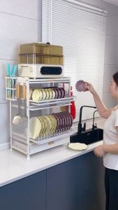 SJORAGE On Hand🔥3Tiers Dish Cabinet with Door Metal Plate Drying Rack with Cover Kitchen Countertop Organizer with Drawer Dust-proof Dish Storage Rack