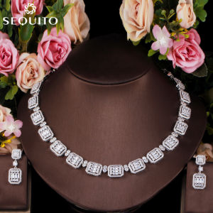 SEQUITO Gold Color Luxury Zirconia Necklace and Earring Set for Women Dubai Jewelry Sets Wedding Accessories SJ181