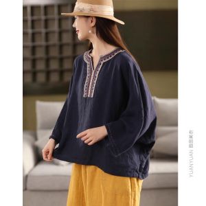 Heavy Ethnic Embroidered Cotton Linen Shirt - Retro Crochet 3/4 Sleeve Plus Size Blouse Loose Casual Womens Top