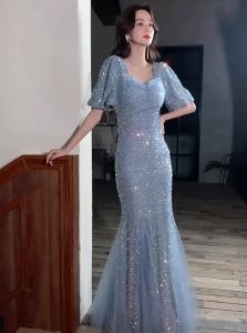 FE Evening Gown for Women 2024 New Light Luxury Minority High-End Ladies Banquet Temperament Fishtail Sequins High-Grade Host Dress