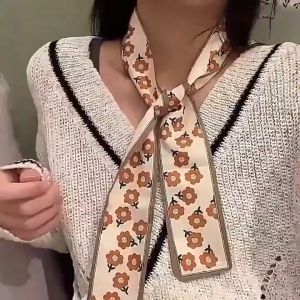 Reben Rambut 橘色小花朵细窄长丝巾 Orange Floral Skinny Scarf 百搭绑发发带领巾绑包飘带春夏装饰丝巾 Korean Fashion Accessories