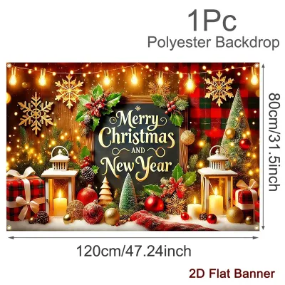 Luxury Pine Garland Christmas Backdrop for Photography Red Bow Present Polyester Background Cloth Merry Christmas Decorations For Home 2026 Xmas New Year Party Supplies