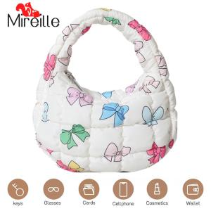 Quilted Tote Bag for Women Bowknot Print Mini Cloud Pleated Bag Trendy Crescent Bag Hobo Bag Wrist Satchel