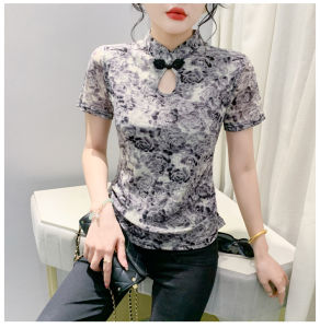 AMMIN เสื้อยืดแขนสั้นลายตาข่ายสองชั้นคอตั้งวินเทจของจีนลำลองพิมพ์ลายดอกไม้ฤดูร้อน2024