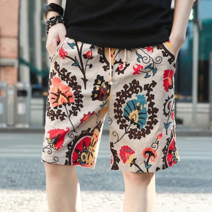 Plus Size M-4XL Men Casual Printed Breathable Cotton Linen Shorts Summer  Fashion Loose Floral Elastic Drawstring Waist Beach Short Pants Lazada PH