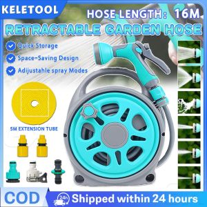 16m Mini Garden Water Hose Reel Spray Gun Set Retractable Garden Hose Reel Portable Hose Reel 6 Function Spray Gun Watering Car Washing Pet