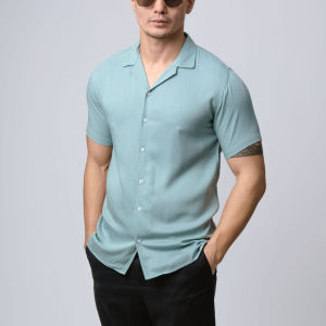 VENGOZ Kemeja Pria Pendek Polos Cuban Shirt - Viking Blue