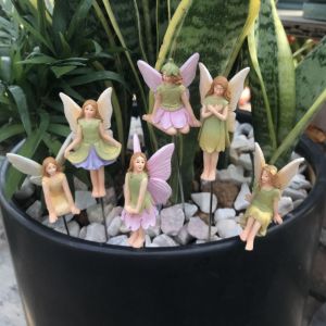 CHANBAEK 6pcs Resin Flower Fairy Plugin Set Mini Cute Miniature Figurines Crafts Art Garden Sculptures Flower Pot and Sand