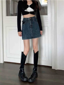 กระโปรงยีนส์สีเข้ม กระโปรงเอวสูงรูปตัว A ไซส์ S - 4 XL ทำให้ดูผอม (วัสดุไม่มีความยืดหยุ่น)