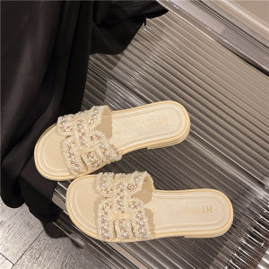 [Free Shipping] New Thick-Heeled Pearl Slippers For Women Summer Breathable Outdoor Fashion Soft-Soled Non-Slip Beach Vacation Sandals