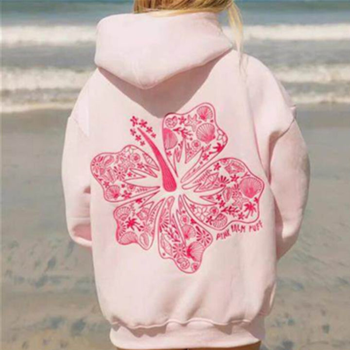 2025 Women Fashion PINK PALM PUFF Hoodies Embroidery