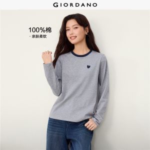 Giordano Beau Monde Women Heart embroidery contrast crewneck cotton tee Free Shipping 13326792