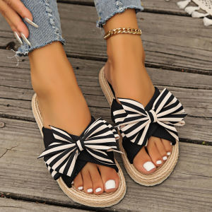 WomenS Flat Slippers With Rope And Straw Weave New Summer Outdoor Striped Bow Slippers For Outdoor Wear Flat Heel With Swallowtail Design