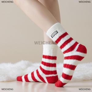 [COD] WEICHENG 6 Pairs Winter New Year Velvet Socks With Red White Stripes For Women Mid Tube Socks Girls Warm Plush Red Socks Christmas Gift