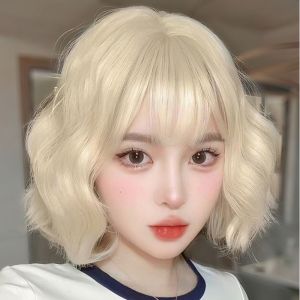 BEAUTYLADIES Pink Short Brown Wavy Wig Lolita Curly Synthetic Wig with Bangs Heat Resistant Fiber Cosplay Bob Hair Wig Girls