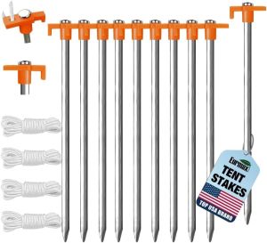 Eurmax USA 10-Pack Secure Protection Galvanized Tent StakesRust-Proof Steel Canopy Anchors for High WindsHeavy Duty Commercial Ground Pegs for CampingPop Up Tents&Gazebos - Includes 4x10ft Ropes